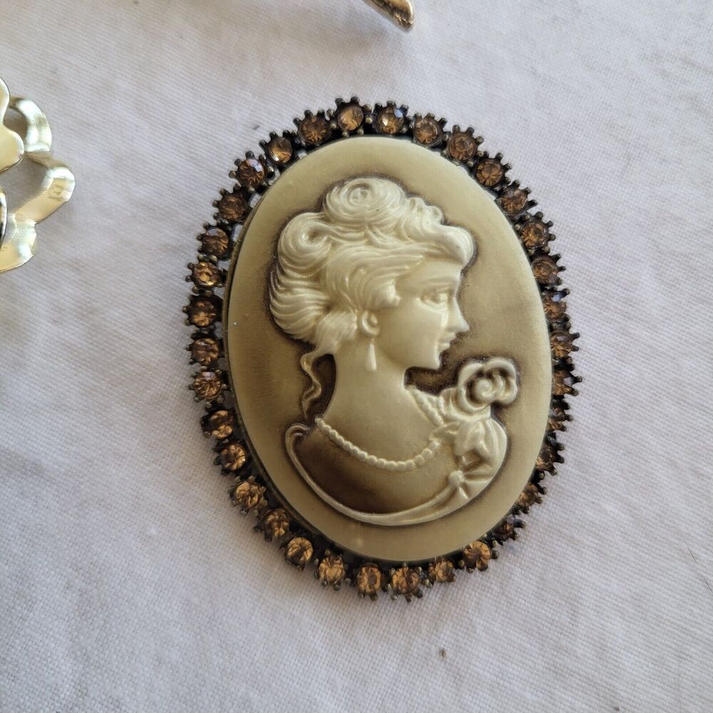 Brooch Pin Lot Floral Cameo Sparkle Rhinestone Crystal Rose Dragonfly Goldtone - Picture 5 of 8